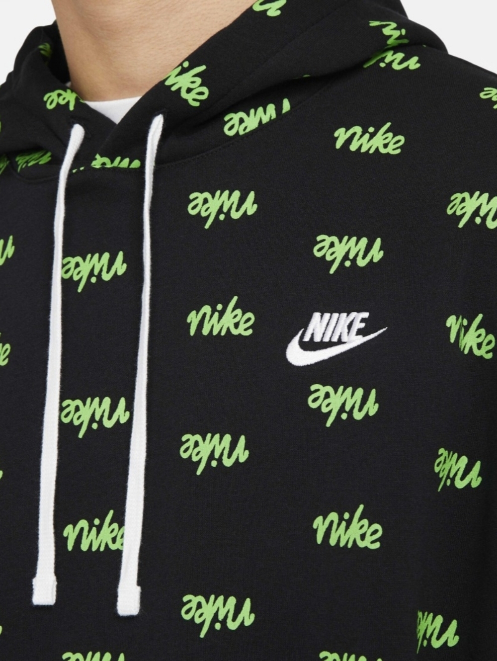 Nike Size M All-Over Print Neon Green Logo Drawstring Hoodie With Hand Pockets E